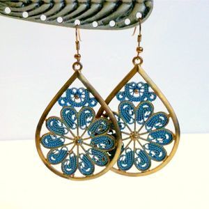 Vintage Brass and Teal Boho Inspired Drop Statement Earrings